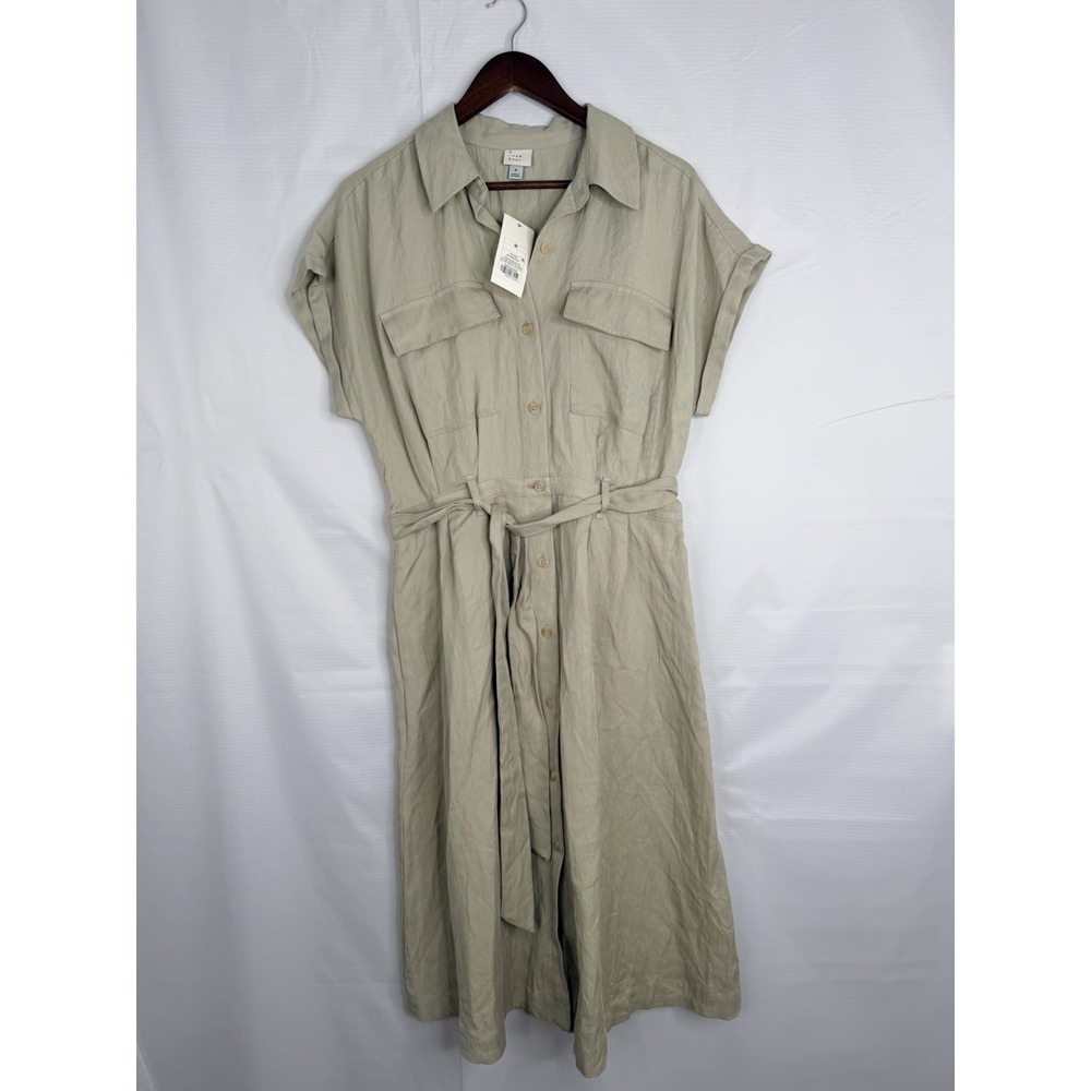 A New Day Utility‎ Midi Shirtdress Green Tie Waist Pockets NWT Size M